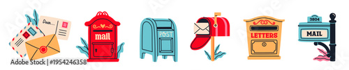 Postal service sticker set. Colorful patches with mailboxes, postboxes, letters, envelopes with mail and correspondence. Printable designs. Flat vector illustration collection isolated on background