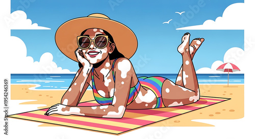 A vibrant cartoon illustration of a woman enjoying a relaxing day at the beach with vitiligo