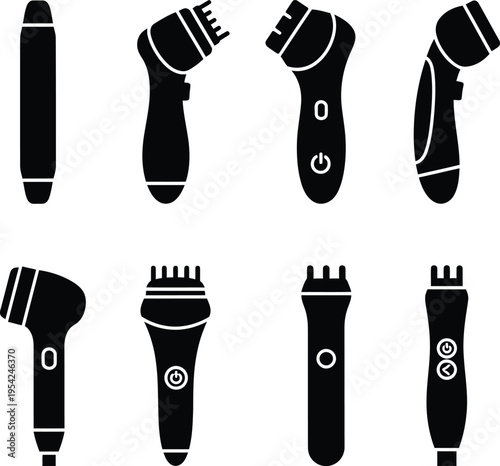 Set of portable electric massage tool icons for body wellness and muscle relaxation featuring various handheld vibration massager device designs in black.