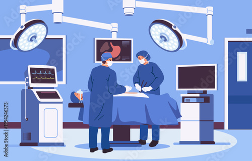 Modern operating room. Operating room with modern equipment and doctors or surgical team performing procedure on patient. Medicine and treatment. Hospital interior. Flat vector illustration