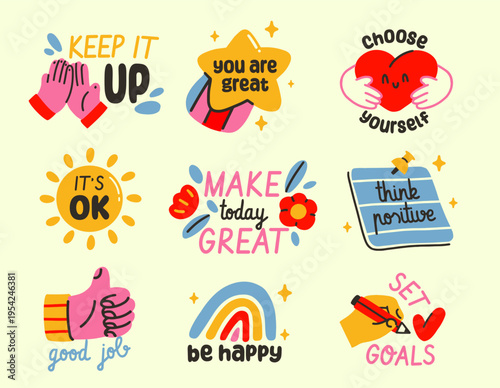 Set of motivational stickers. Doodle patches for daily planners, diaries, and scrapbooking. Keep it up, good job, you are great. Hand drawn vector illustration collection isolated on background