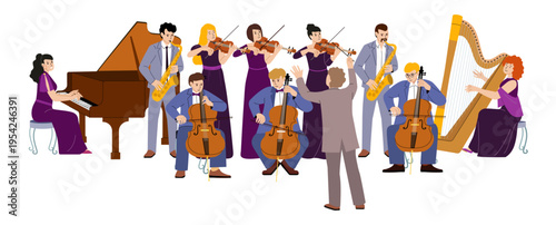 Musical orchestra on stage. Classical music concert featuring symphony orchestra. Musicians play cello, violin, piano, saxophone, and harp. Flat vector illustration isolated on background