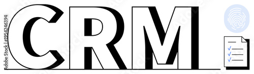 Customer relationship management, data analysis, business strategy, workflow optimization, digital tools, customer service. CRM letters with checklist and fingerprint icons. Customer relationship