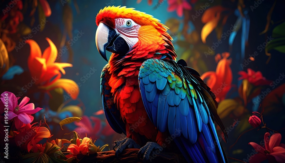 Obraz premium Vibrant plumage of the macaw amidst a lush, painterly floral backdrop