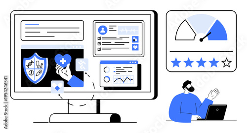 Healthcare technology. Healthcare technology including digital dashboards, health data, and user interface elements. Healthcare innovations for analytics, ratings, and patient engagement