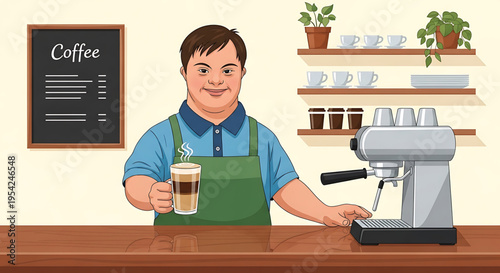 A smiling barista with Down syndrome holding a cup of coffee and operating an espresso machine in a cozy cafe