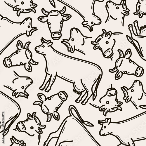 Cow background, pattern set. Collection icons cow. Vector