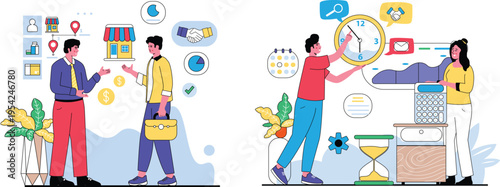 Collaboration and time management in a business setting with modern elements