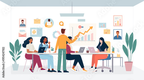 A minimalist illustration depicting abstract figures engaged in communication. Suitable for representing teamwork, networking, and modern business con