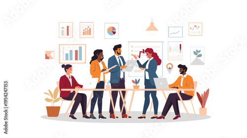A diverse group of colleagues engages in a brainstorming session, demonstrating teamwork and innovative problem-solving in a modern office environment