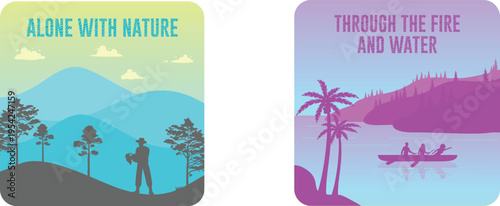 Adventures in nature and water-based explorations contrasted in vibrant illustrations