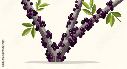 A stylized vector graphic of a branch forming a V-shape, adorned with purple berries and green leaves on a beige background.