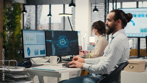 IT specialist uses AI neural networks for data sharing and digitalization, working in a multinational company with automation tools. Artificial intelligence models for business success.