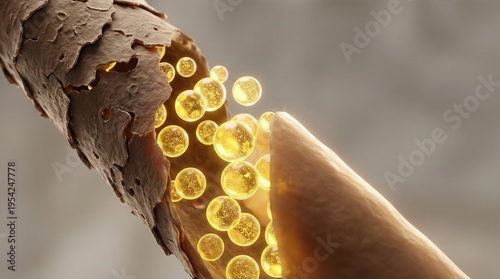 3D render of damaged hair follicle absorbing glowing gold serum bubbles