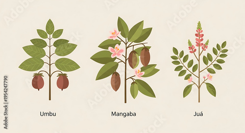 A vector graphic illustration of three types of fruit trees, including Umbu, Mangaba, and Juá, with green leaves and colorful flowers and fruits.