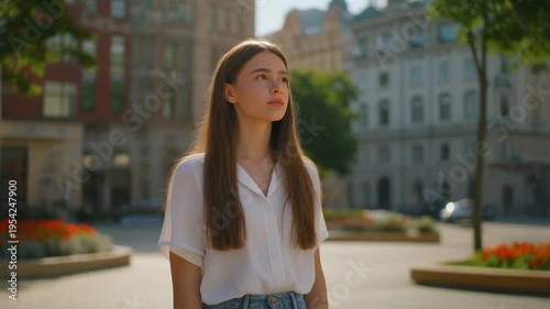Young woman looking up, standing on a city street with buildings and flowers in the background, daytime