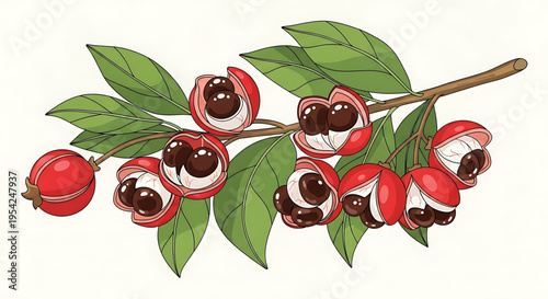 A vibrant illustration of a pomegranate branch with green leaves and ripe fruit