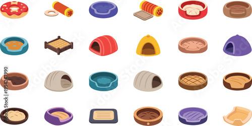 Collection of colorful pet beds and bowls for dogs and cats