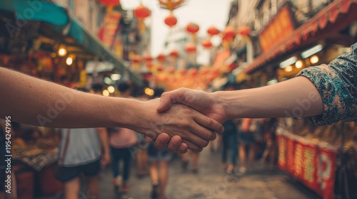 Two people shaking hands in a vibrant street market with red lanterns and blurred crowd in the background