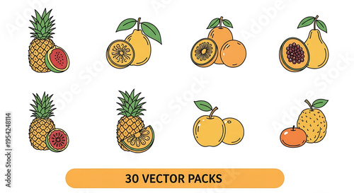 A colorful vector graphic illustration of various fruits, including pineapples, lemons, oranges, and pears, arranged in a visually appealing composition.