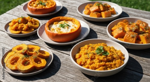 Various pumpkin dishes, roasted and stewed, presented on white plates over a wooden table