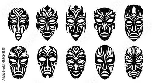 High contrast tribal mask set, 9 masks using strong black shapes with white cutouts, negative space design, bold composition, vector, isolated background