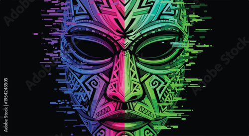 Futuristic tribal mask fusion, abstract mask blending tribal patterns with digital glitch elements, neon gradients, sharp contrast, cyber-ethnic aesthetic, vector illustration