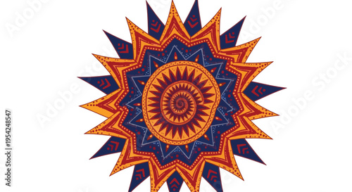 Ethnic spiral energy burst, spiral expanding outward with sun-like tribal rays, dotwork and zigzag motifs, bold line art, high contrast vector, decorative ornamental style, no gradients, no text