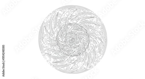 A detailed illustration of a tribal spiral design on a white background with a mesmerizing pattern
