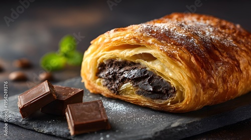 Sample slice of rich decadent French Pain au Chocolat pastry filled dark cocoa fleur d'sel clean professional stock photo sharp macro photography style cinematic realism ultra photorealistic no text