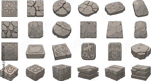 Collection of various stone blocks and rocks with different textures and designs for game or architectural use