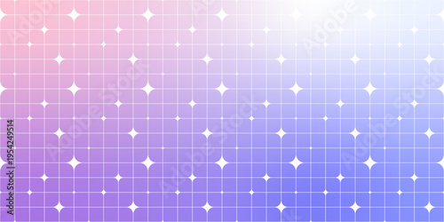 Trendy holographic gradient background with sparkle stars grid pattern. Modern blurred Y2k aesthetic poster. Retro blue and purple bg. Vector illustration