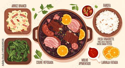 A vibrant vector graphic illustration of a traditional Brazilian feijoada meal with various side dishes