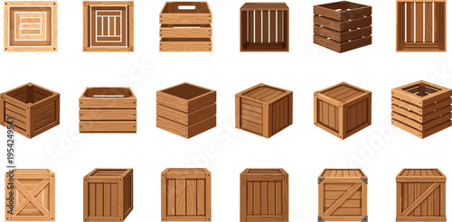 Collection of various wooden crates and boxes in different styles and orientations