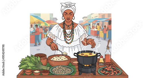 A vibrant illustration of a woman cooking traditional food at an outdoor market