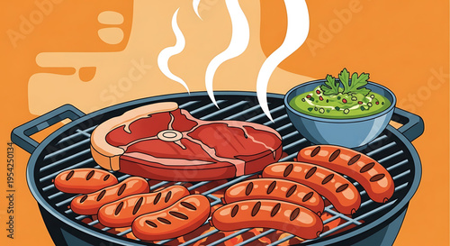 A colorful vector illustration of a barbecue grill with sizzling sausages and steak