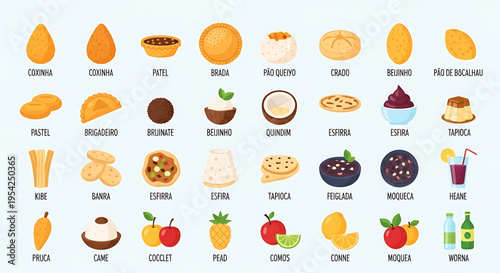 A colorful vector graphic illustration of various traditional Brazilian foods and desserts