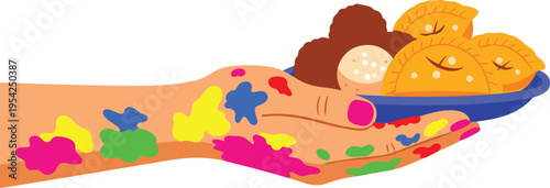 Colorful hand holding plate with assorted sweet traditional Indian sweets on it