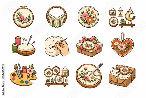 Simple image decor artistic generation vector embroidery ring wooden frame icon wall