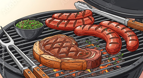 A vector graphic illustration of a barbecue grill with grilled meat and utensils