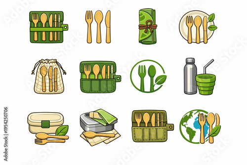 Gear cutlery vector eco green travel icon spoon habit icons zero pouch