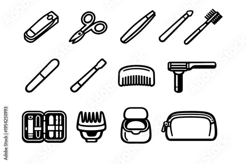 Set vector eyebrow case grooming scissors soap kit icon mini nail comb