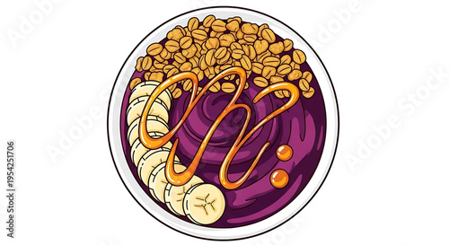 A vibrant illustration of a purple acai bowl with granola, banana slices, and caramel sauce, perfect for healthy food branding and advertising