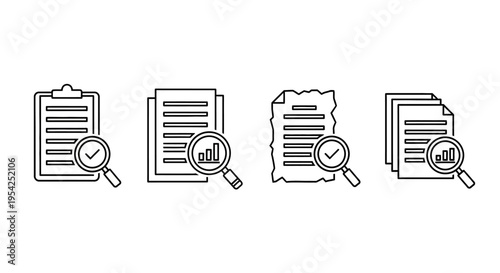 Collection of icons depicting documents with charts and magnifying glasses, representing data analysis and research