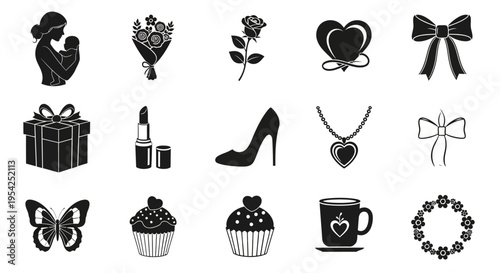 Vector Icons Collection for Women's Day and Celebrations, Featuring Gifts, Flowers, and Fashion Accessories