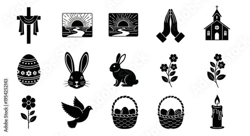 Diverse collection of symbolic black silhouette icons representing Easter, spring, and Christian themes, perfect for spiritual and festive designs and graphics