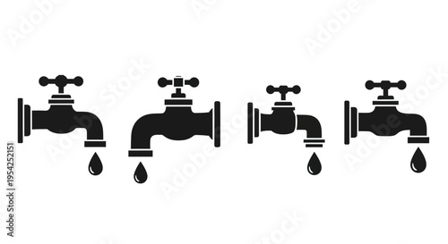 Illustrative collection of black silhouette water taps with single dripping drops, symbolizing water leakage, conservation efforts, and the importance of preserving precious water resources