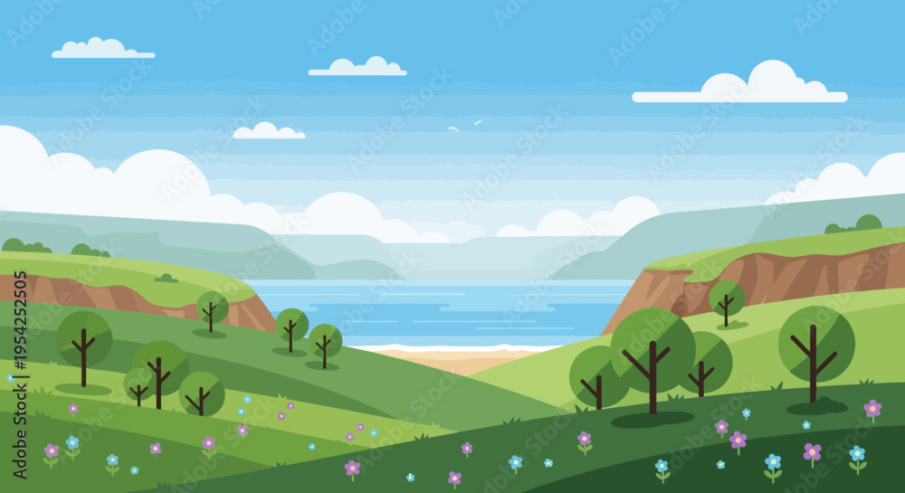 Fototapeta premium Pixel Art Landscape: Rolling Green Hills, Sandy Beach, Calm Blue Lake, and Distant Mountains