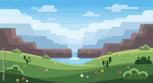 Pixel Art Grand Canyon Landscape with Waterfall and Desert Flora