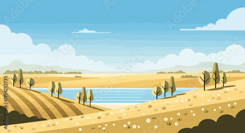 Pixel Art Landscape: Golden Fields, Lake, Trees, and Rolling Hills Under a Cloudy Sky